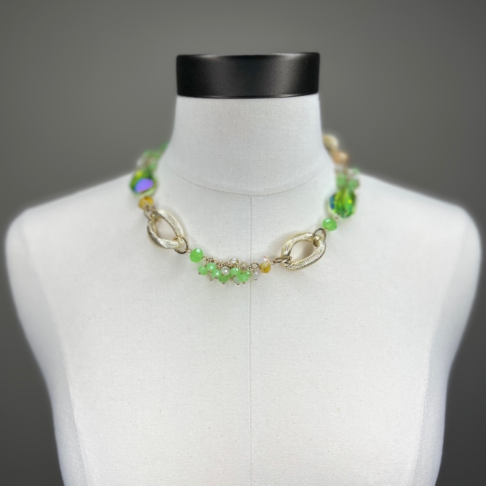 Vintage Gold Link Green Glass Necklace Jewelry Beads Cocktail Y2K Statement Rare - Picture 3 of 14